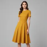 knee-length short-sleeved mustard-colored dress with round neckline image